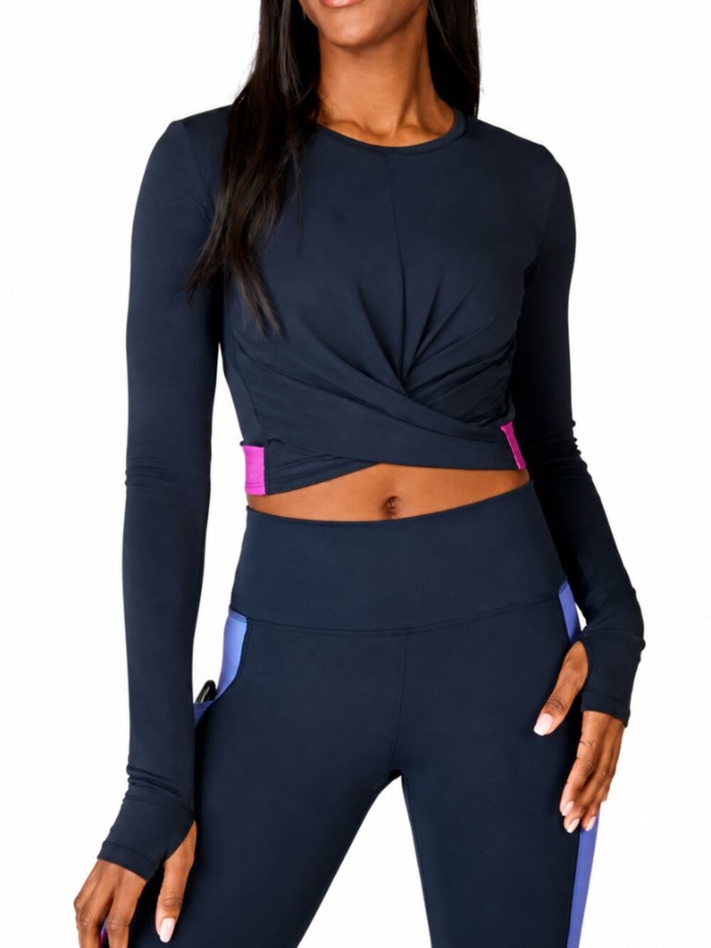 FABLETICS Pia Front Twisted Crop Top Navy Fuchsia Small Long Sleeve Gym Stretch